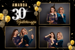 Születésnapi selfie gép nyomtatási keret – arany-fekete ünnepi stílus