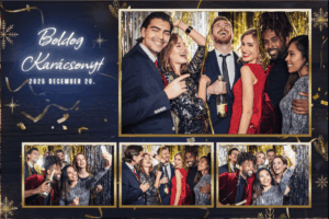 Kék-ezüst modern céges karácsonyi nyomtatási keret – Selfie Moments