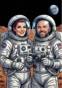 AI-generált portré egy mosolygó párról, akik teljes asztronauta felszerelésben pózolnak a Nemzetközi Űrállomás (ISS) kupolájában. A sisakrostélyukon tükröződik a Föld görbülete és a világűr sötétje.