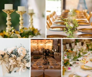 Exkluzív arany gyertyatartók és bézs szalvéták esküvői terítéshez.