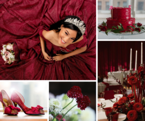 Drámai bordó menyasszonyi ruha és sötétvörös esküvői dekorációs részletek.