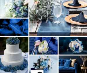 Kék esküvői torta, sötétkék bársony dekoráció és stílusos vőlegény kiegészítők.