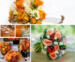 Modern narancssárga menyasszonyi csokor és vidám asztali dekoráció.