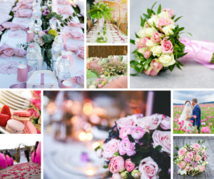 Finom rózsaszín virágok és zöld növényi dekoráció esküvői asztalon.