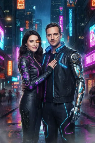 Cyberpunk város stílusú AI generált páros portré futurisztikus neonfényekkel és high-tech ruházattal.
