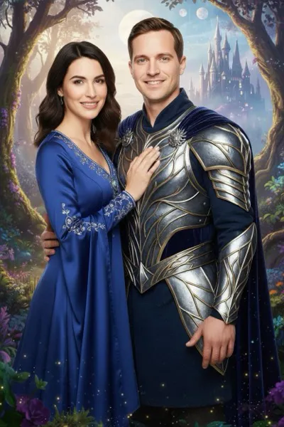 Fantasy birodalom stílusú AI generált páros portré lovag és hercegnő karakterekkel, mágikus vár háttérrel.