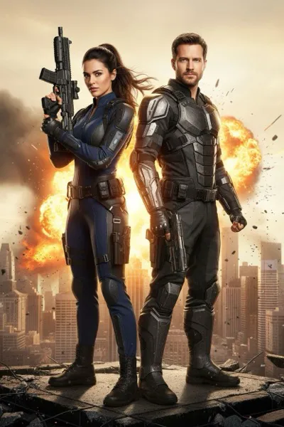 Dinamikus akciófilm sztár stílusú AI generált páros portré robbanásos háttérrel és hősies pózzal.