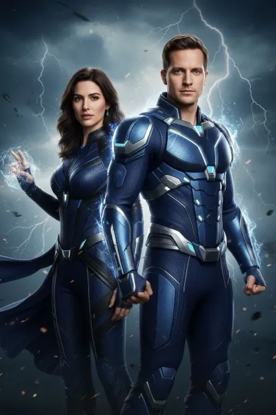 Epikus CGI moziplakát stílusú AI generált páros portré látványos filmes effektekkel és háttérrel.