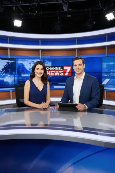 Hírolvasó és riporter stílusú AI generált páros portré stúdió háttérrel és profi megjelenéssel.