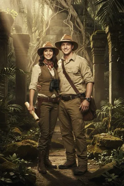 Kalandor és felfedező stílusú AI generált páros portré egzotikus džungel háttérrel és expedíciós ruházatban.