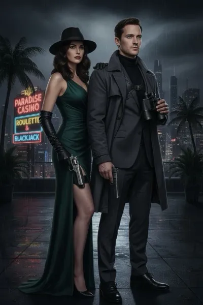 Elegáns kém stílusú AI generált páros portré titkosügynök filmek hangulatával.