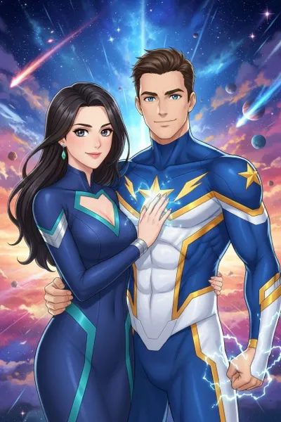 Klasszikus kézzel rajzolt japán anime stílusú AI generált páros portré élénk színekkel.