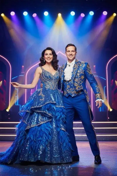 Csillogó musical sztár stílusú AI generált páros portré színpadi fényekkel és táncos hangulattal.