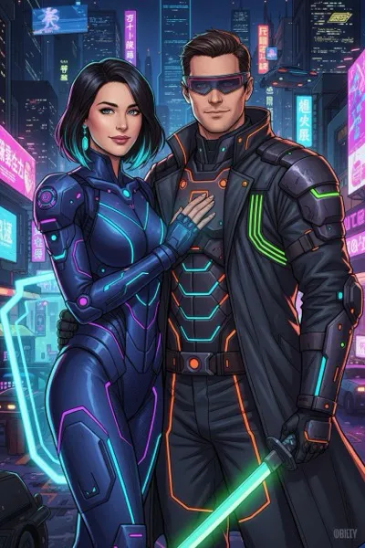 Neon Cyberpunk Manga stílusú AI generált páros portré japán anime hatással és arccsere funkcióval.