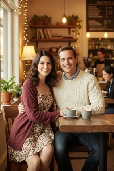 Vidám romantikus komédia stílusú AI generált páros portré könnyed, barátságos hangulattal.