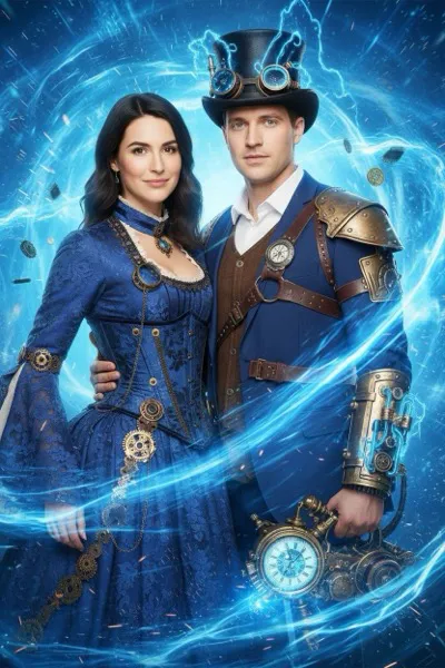 Retró-futurisztikus stílusú AI generált kép egy selfie-gépben, amelyen egy idõutazó karakter látható, steampunk felszerelésben, egy korabeli városi utcán, történelmi és jövőbeli elemekkel keverve.