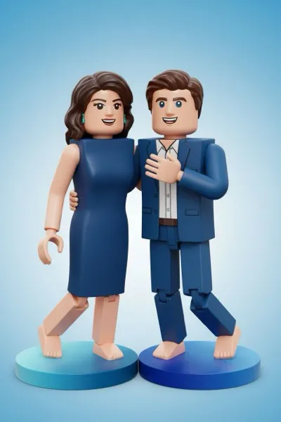 AI-generált, szögletes kép egy mosolygó párról, akik a Minecraft világát idéző kocka-karakterekként jelennek meg. A figurák teljes egészében blokkokból állnak, pixel-art textúrákkal és merev, kubikus formákkal, egy kockákból épült táj előtt.