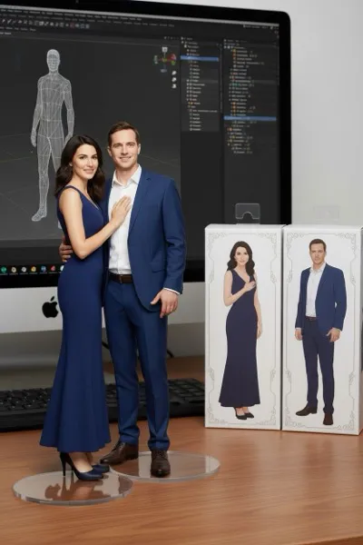 AI-generált kép egy mosolygó párról, akik népszerű műanyag építőjáték-minifigurákként (LEGO) pózolnak egy szelfihez. A figurák jellegzetes henger alakú feje, merev karjai és cserélhető frizurái vannak. A férfi minifigura kék pólót és farmert visel, míg a női minifigura virágos ruhát. Mindketten egy építőelemekből álló, miniatűr városi háttér előtt állnak, ami tele van színes kockákkal és egy apró, sárga taxival.