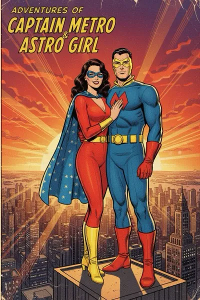 AI-generált képregény panel egy mosolygó párról az Aranykor stílusában. Egyszerű, vastag vonalvezetés, élénk, alapszínek és hősies kompozíció jellemzi.