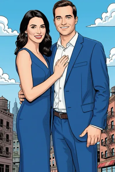 AI-generált képregény panel egy mosolygó párról az Ezüstkor stílusában. Klasszikus vonalvezetés, pöttyözött árnyékolás és akciódús kompozíció jellemzi.