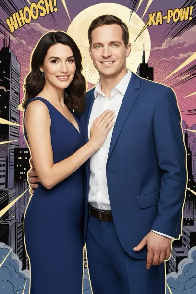 AI-generált modern képregény panel egy mosolygó párról. Dinamikus vonalvezetés, digitális színezés, drámai árnyékolás és részletgazdag háttér jellemzi.