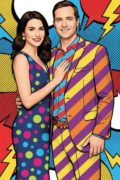 AI-generált pop art stílusú képregény panel egy mosolygó párról. Vastag fekete körvonalak, élénk, telített alapszínek és Ben-Day pöttyök jellemzik a képet.