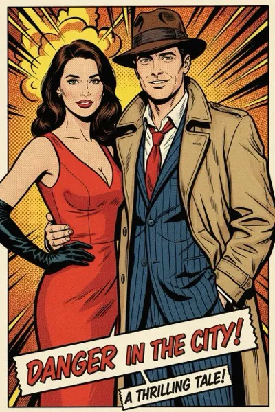 AI-generált retro pulp képregényborító egy mosolygó párról. Drámai, akciódús kompozíció, elnagyolt, dinamikus vonalvezetés, szemcsés nyomtatási textúra és erősen telített, sárgás-pirosas színek jellemzik. A háttérben egy rejtélyes, sötét barlang és egy gigantikus, fenyegető lény sziluettje látható. A kép egyszerre sugároz izgalmat, kalandot és nosztalgikus bűbájt, mintha egy 1940-es évekbeli filléres magazin címlapjáról származna.