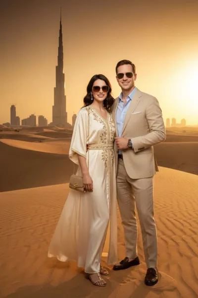 Kalandos hangulatú, AI generált portré egy látogatóról terepjárós ruházatban, a háttérben végtelen homokdűnékkel, a távolban egy tevekaravánnal és a lenyugvó nap sugaraival a sivatagi horizonton.