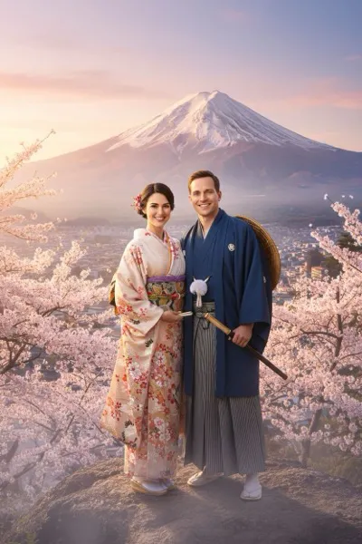 Békés és festői hangulatú, AI generált portré egy látogatóról, háttérben a hófödte Fudzsi-hegy ikonikus kúpjával, egy piros torii kapuval és virágzó cseresznyefákkal a Kawaguchi-tó partján.