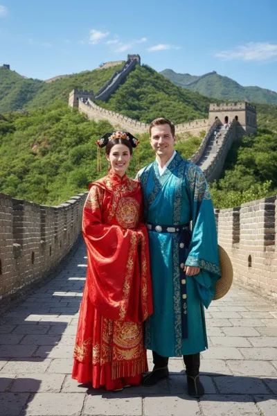 Monumentális és történelmi hangulatú, AI generált portré egy látogatóról, háttérben a hegygerinceken kanyargó Kínai Nagy Fallal és annak őrtornyaival, a távolban elterülő hegyvidéki tájjal, tiszta időben.