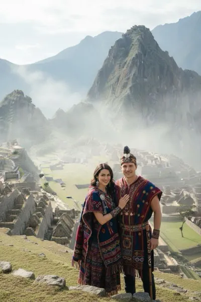 Lélegzetelállító és kalandos hangulatú, AI generált portré egy látogatóról túrafelszerelésben, háttérben a Machu Picchu inkák által épített teraszos romvárosával, az ikonikus Huayna Picchu csúccsal és a felhőkbe burkolózó Andok hegyeivel.