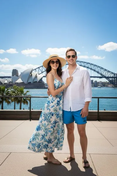 Modern és világvárosi hangulatú, AI generált portré egy látogatóról, háttérben az ikonikus Sydney-i Operaház vitorla alakú tetőszerkezetével és a Sydney Harbour Bridge-dzsel a csillogó kék víz felett, napsütésben.