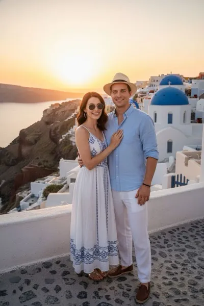 Romantikus és napfényes hangulatú, AI generált portré egy látogatóról, háttérben az Égei-tengerre néző, jellegzetes fehérre meszelt, kék kupolás templomokkal és épületekkel Oia falujában, tiszta időben.