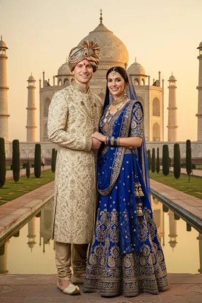 Romantikus és fenséges hangulatú, AI generált portré egy nőről színes, indiai stílusú sálban, háttérben a fehér márvány Tadzs Mahal mauzóleummal, a hozzá vezető tükörmedencével és gondozott kerttel, napfelkeltekor.