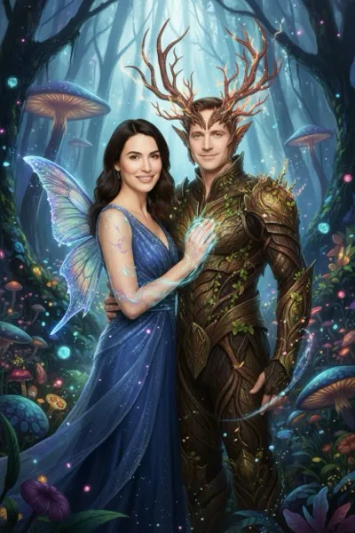 Fantasy stílusú, AI által generált portré egy selfie-gép előtt, ahol egy látogató legendás mitikus lényekkel pózol egy varázslatos erdő hátterében.