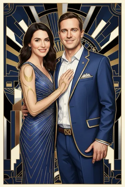 AI-generált portré egy mosolygó párról, Art Deco stílusban. Geometrikus minták, fémes csillogás, luxus anyagok és merész kontrasztok jellemzik a képet.
