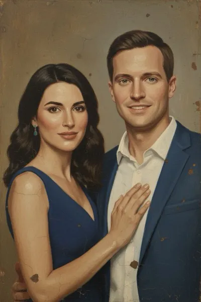 AI-generált portré, mely egy mosolygó párt ábrázol az ókori egyiptomi Fajum-portrék realisztikus, enkausztikus stílusában. Meleg, földszínek, mély árnyékok és a panelre festett kép textúrája jellemzi.