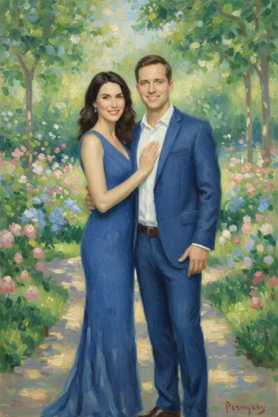 AI-generált portré egy mosolygó párról, impresszionista stílusban. Laza, látható ecsetvonások, a fény és a reflexiók játéka, valamint pasztell színek jellemzik a képet.