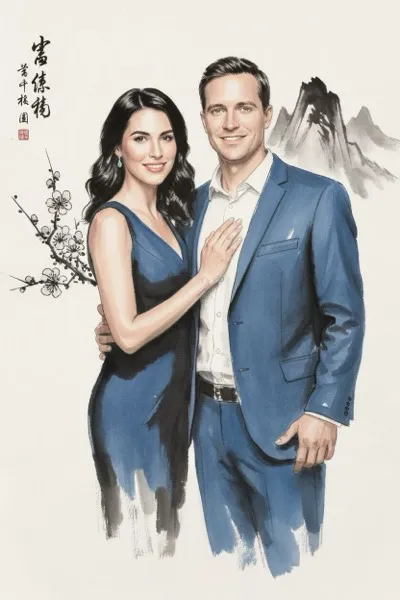 AI-generált portré, mely egy mosolygó párt ábrázol a hagyományos kínai tusfestészet stílusában. Fekete tus és víz finom árnyalatai, minimalista ecsetvonások és bambusz motívumok jellemzik a képet a rizspapír textúráján.