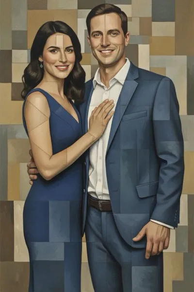 AI-generált portré, mely egy mosolygó párt ábrázol kubista stílusban. Az arcok, a testek és a háttér mértani formákra, síkokra és kockákra vannak bontva, élénk, kontrasztos színekkel.