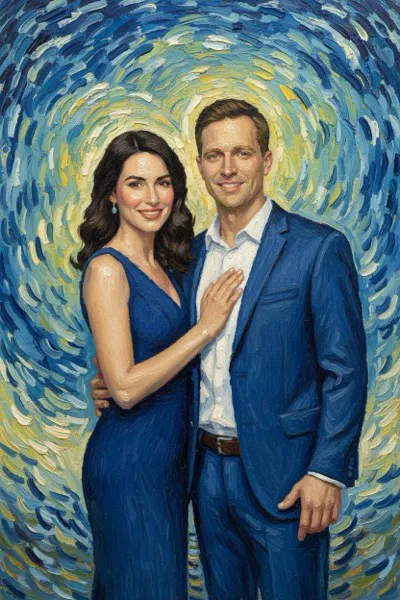 AI-generált portré egy mosolygó párról, posztimpresszionista stílusban. Vastag ecsetvonások, élénk, nem feltétlenül élethű színek és érzelmi töltés jellemzik a képet.