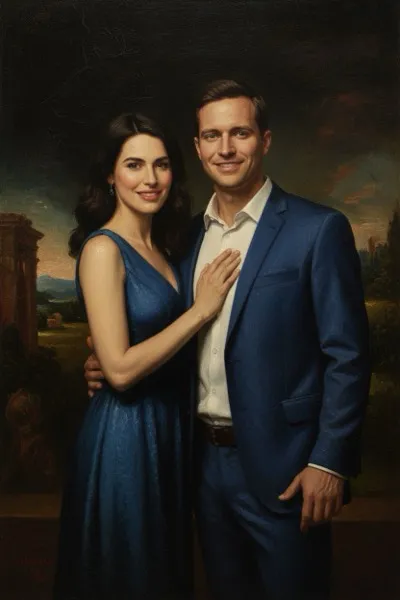 AI-generált portré egy mosolygó párról, reneszánsz stílusban. Gazdag textúrák, finom fény-árnyék játék és korhű öltözet jellemzi a képet.