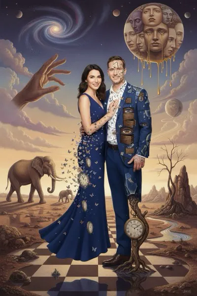 AI-generált szürrealista portré egy mosolygó párról. Az arcok és a testek torzultak, álomszerű, logikátlan elemekkel és furcsa tárgyakkal keverednek a háttérben.