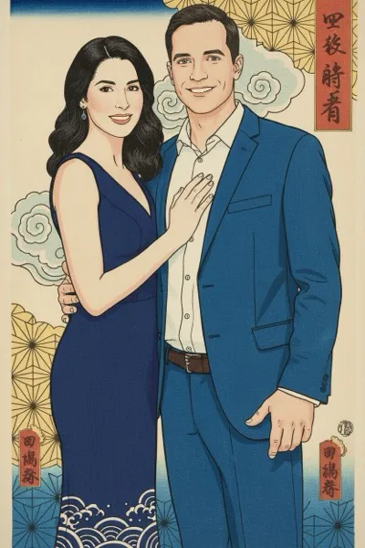 AI-generált portré, mely egy mosolygó párt ábrázol a japán ukiyo-e fanyomatok stílusában. Hagyományos minták, finom vonalvezetés és síkszerű színezés jellemzi a képet.