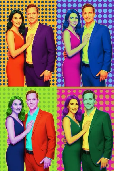 AI-generált portré egy mosolygó párról, Andy Warhol pop art stílusában. A kép négyzetes panelekre van osztva, melyek mindegyike ugyanazt az arcot ábrázolja más-más, élénk és természetellenes színkombinációban (pl. sárga arc, kék haj; rózsaszín arc, zöld haj). A selyemszitanyomás textúrája és a pontatlan regisztráció hatása figyelhető meg.