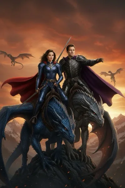 Fantasy stílusú AI generált portré sárkánylovasként, páncélban, egy sárkány hátán repülve a felhők felett.