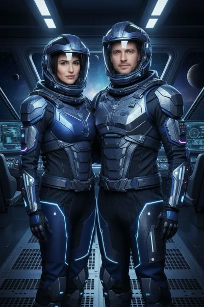 Sci-fi galaxis stílusú AI generált páros portré futurisztikus űrruhákkal és látványos kozmikus háttérrel.