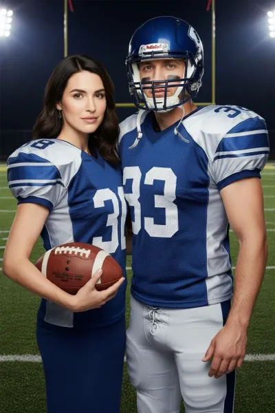 Erőteljes és elszánt hangulatú, AI generált portré egy játékosról teljes felszerelésben, vállvédőben és sisakban, kezében egy amerikai futball labdával. A háttérben egy kivilágított stadion esti fényei, zöld gyep és a távolban homályosan látszódó szurkolótábor látható.