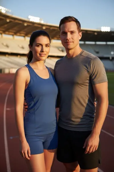 Dinamikus és sportos hangulatú, AI generált portré egy futóról technikai sportruházatban, rajtszámmal a mezén. Mögötte salakos futópálya, rajtgép, más versenyzők és egy zsúfolt lelátó látszódik a stadionban, éppen a rajt előtti pillanatban.