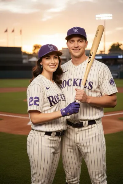 Sportos és lelkes hangulatú, AI generált portré egy mosolygó játékosról kék csapatmezben és baseball sapkában, kezében ütőt és elkapókesztyűt tartva. A háttérben egy napsütötte baseball pálya, kerítés és a csapattársak látszódnak a pálya szélén.